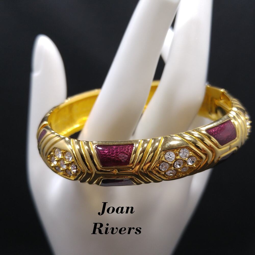 Joan Rivers Gold Plated Red Enamel Rhinestone Hinged Bracelet Vintage Jewelry